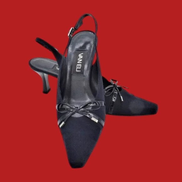 Vintage Vaneli Navy Slingback Kitten Heel Pumps with Bows - Picture 1 of 13